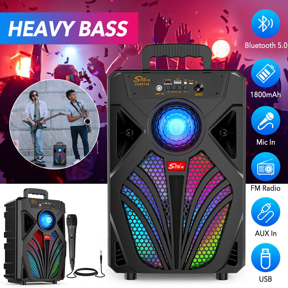Wireless Portable Bluetooth Speaker Heavy Bass Sound System Party Subwoofer +Mic