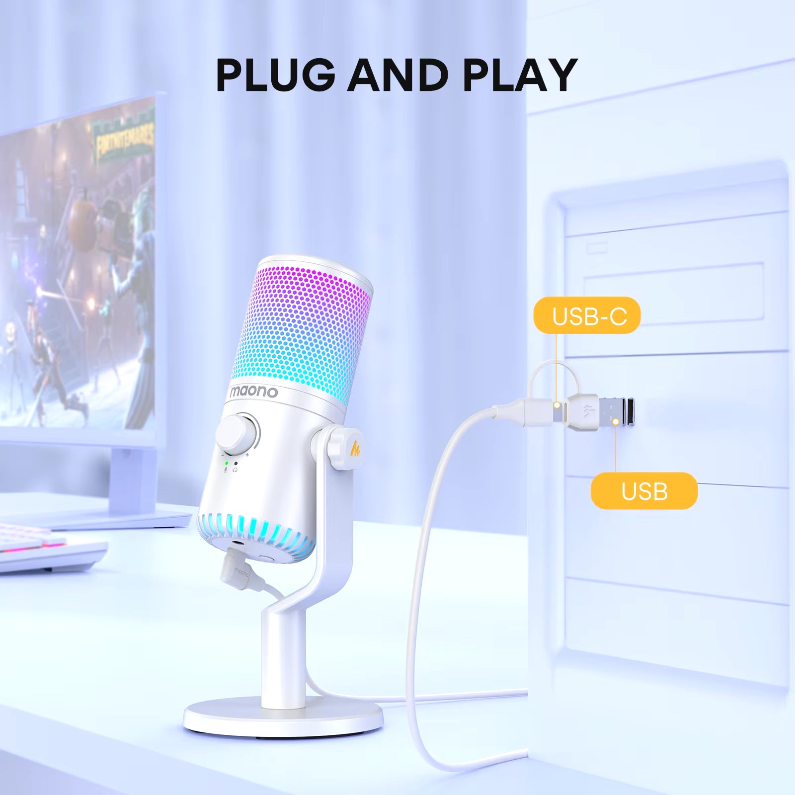 Maono DM30 RGB USB Microphone RGB Gaming Microphone Computer Mic USB Gaming Mic with Mic Gain and RGB Lighting for Pc,Phone