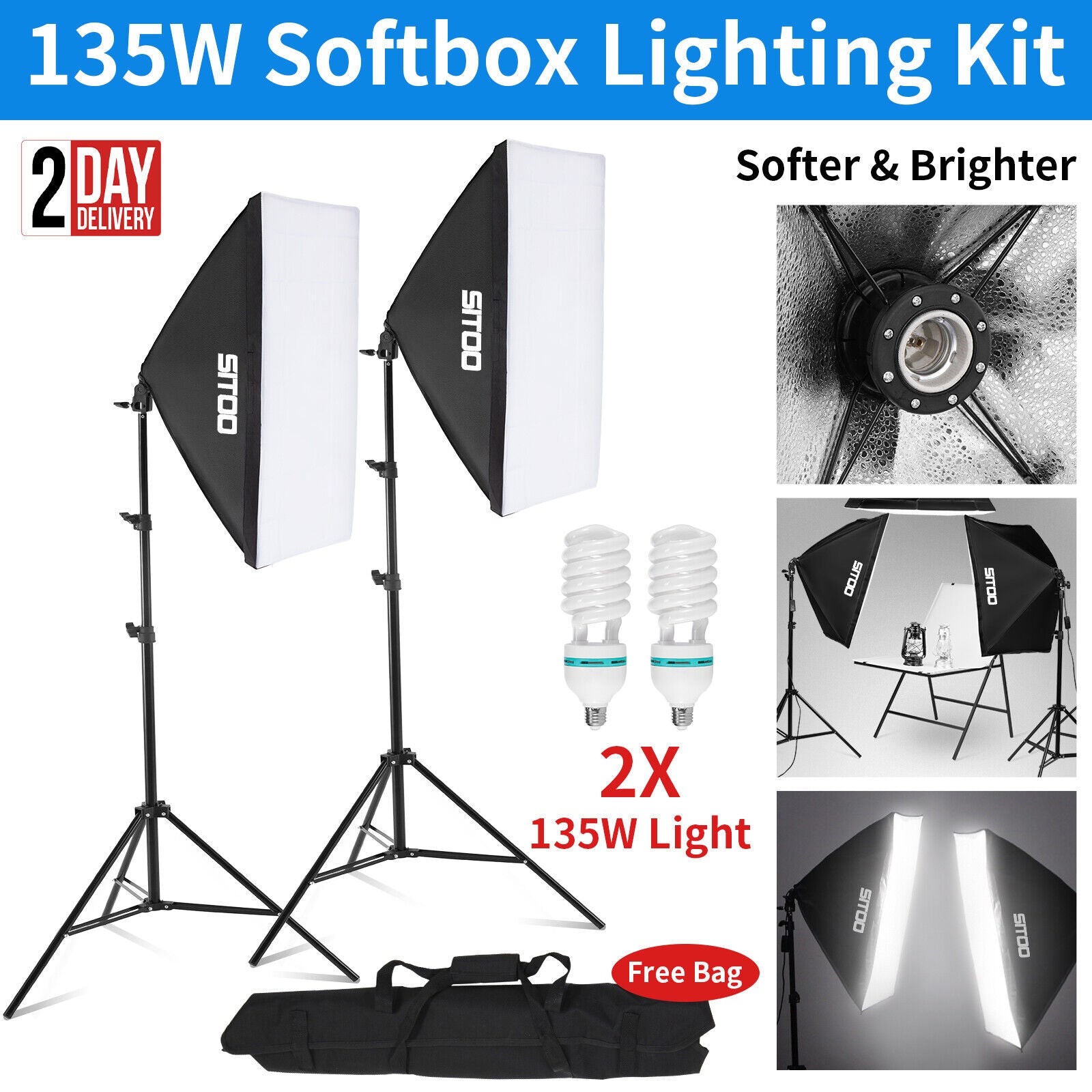 2×135W Softbox Lighting Kit Photography Continuous Soft Box Light Stand Studio