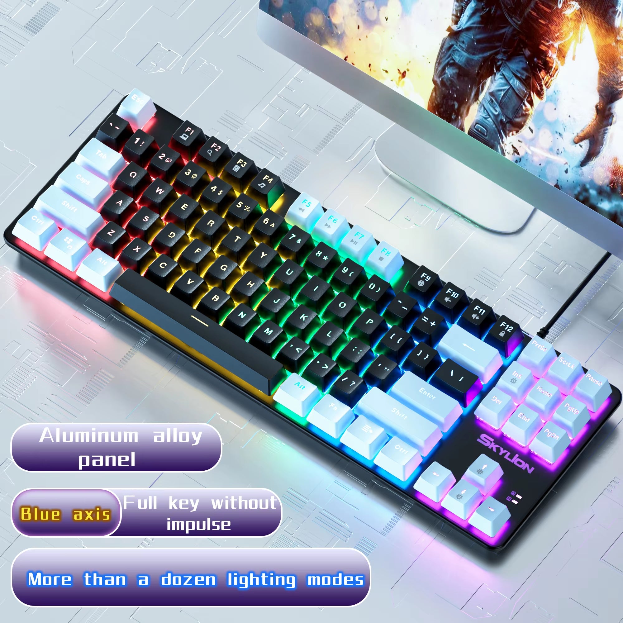 SKYLION H87 Wired Mechanical Keyboard 10 Kinds of Colorful Lighting Gaming and Office for Microsoft Windows and Apple IOS System