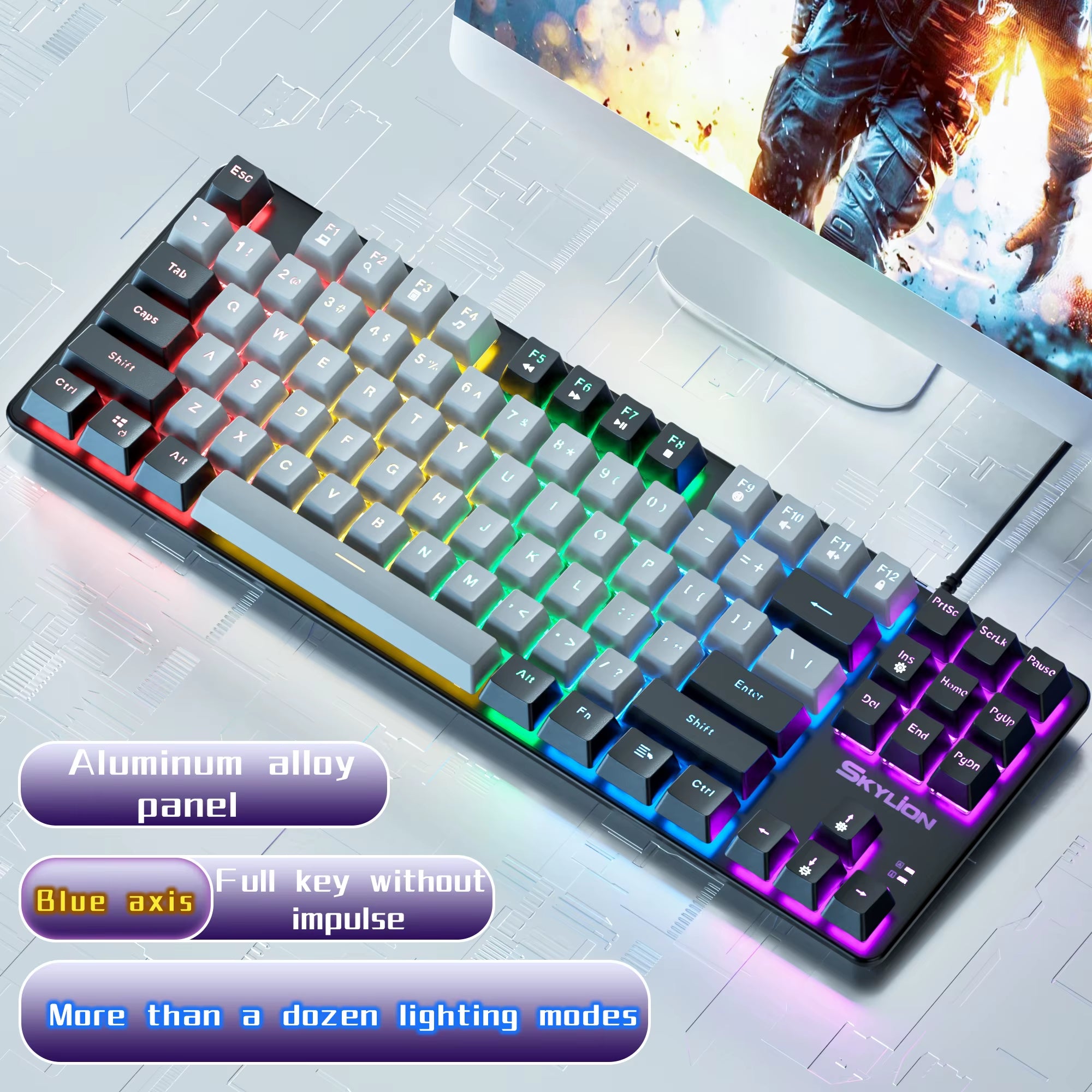 SKYLION H87 Wired Mechanical Keyboard 10 Kinds of Colorful Lighting Gaming and Office for Microsoft Windows and Apple IOS System