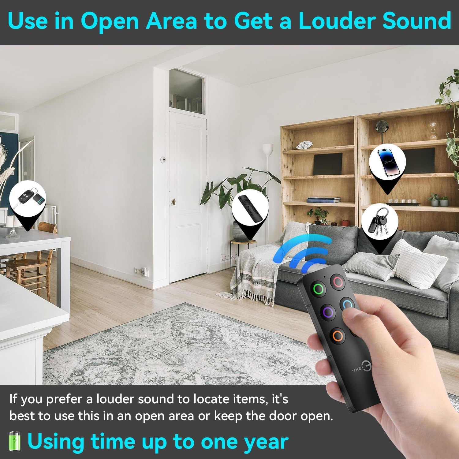 Key Finder Fob, Item Tracker Key Finders & Trackers with 85Db Noise Sound and 6 Receivers Wallet Finder and Item Locator for Finding Key Remote Wallet and Passport Batteries Included (Black)