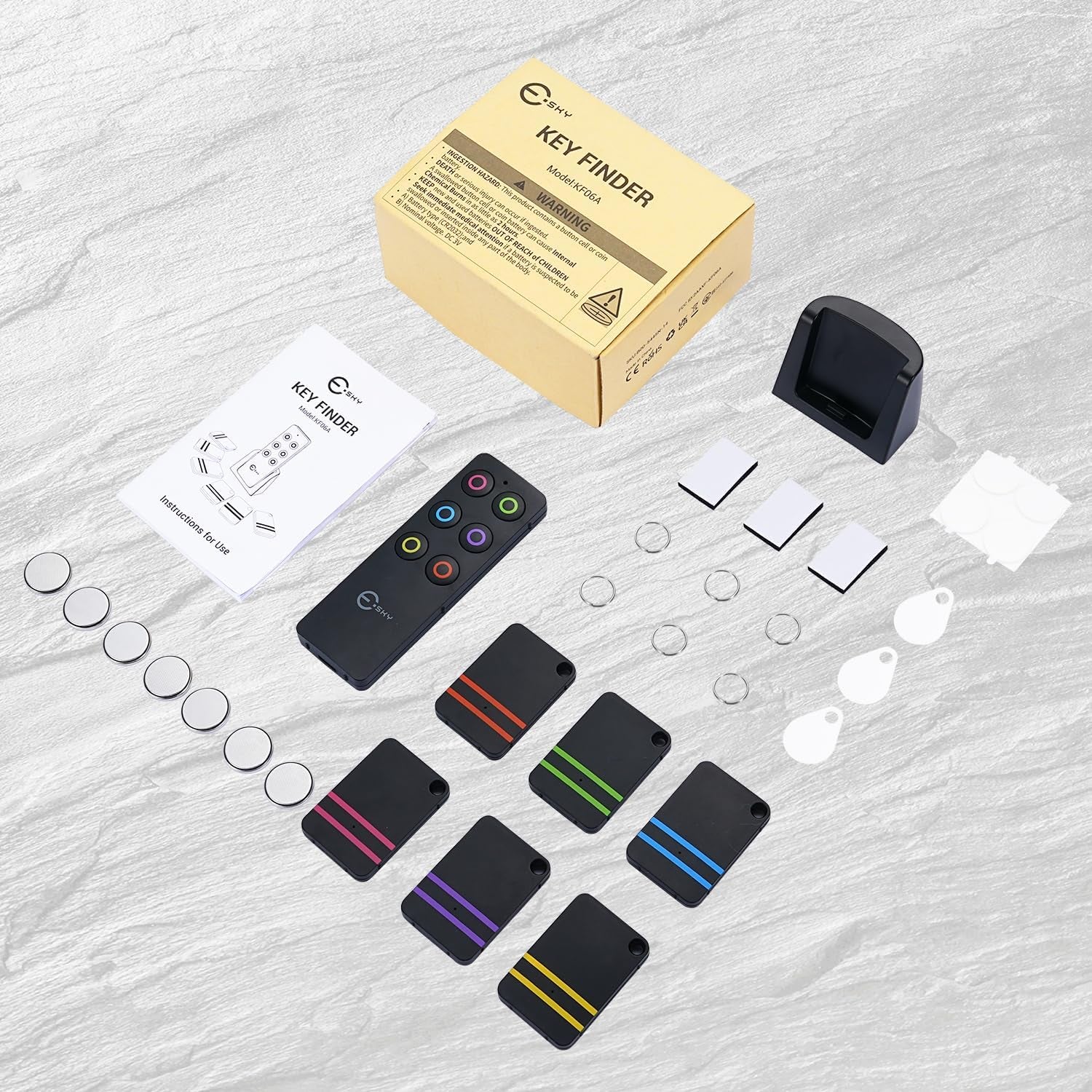 Key Finder Fob, Item Tracker Key Finders & Trackers with 85Db Noise Sound and 6 Receivers Wallet Finder and Item Locator for Finding Key Remote Wallet and Passport Batteries Included (Black)