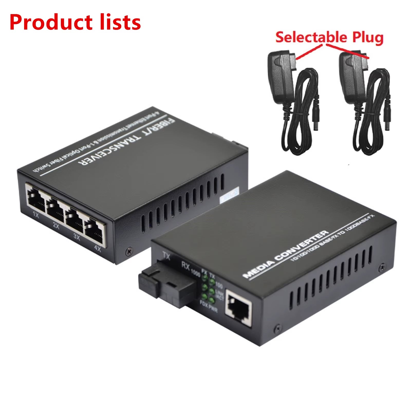 10/100/1000Mbps 1Port and 4Ports Ethernet to Fiber Optic Media Converter Single Mode 4 RJ45 and 1 SC Fiber Port