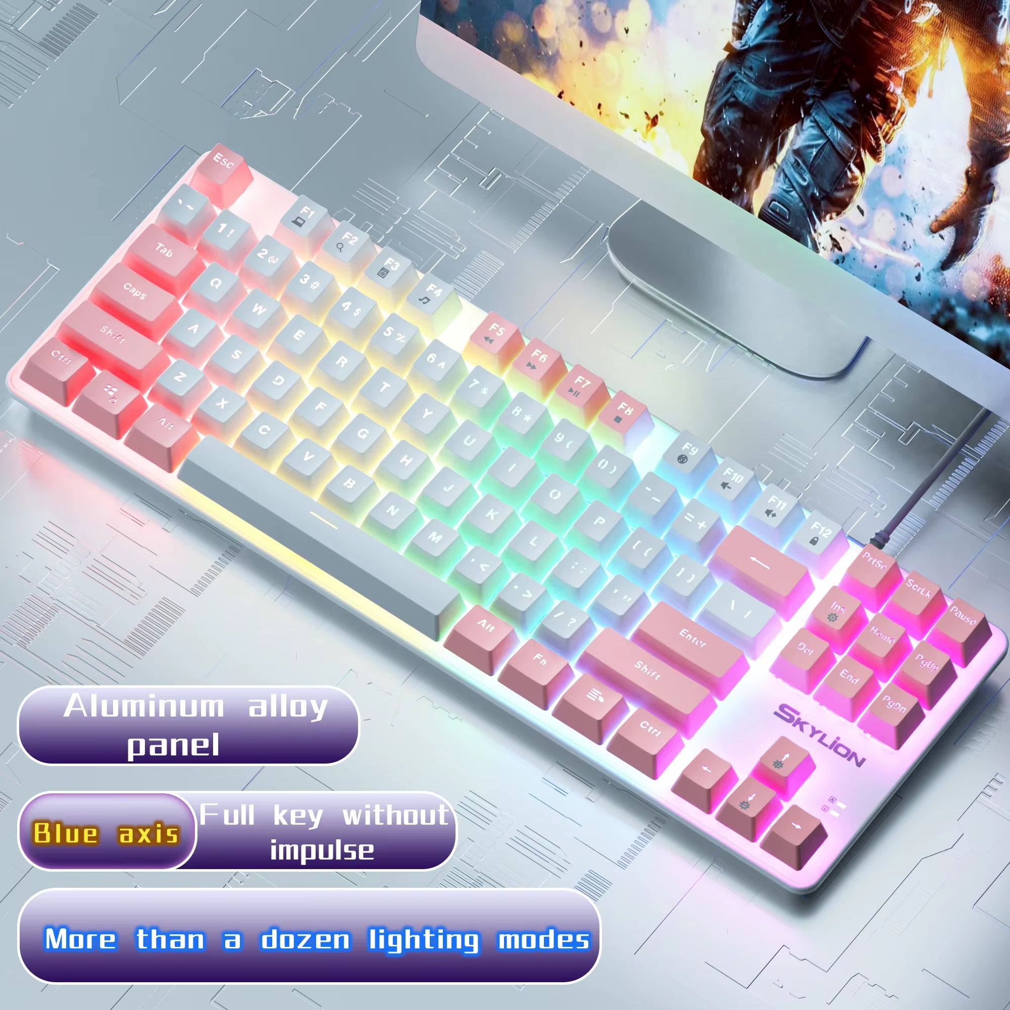 SKYLION H87 Wired Mechanical Keyboard 10 Kinds of Colorful Lighting Gaming and Office for Microsoft Windows and Apple IOS System