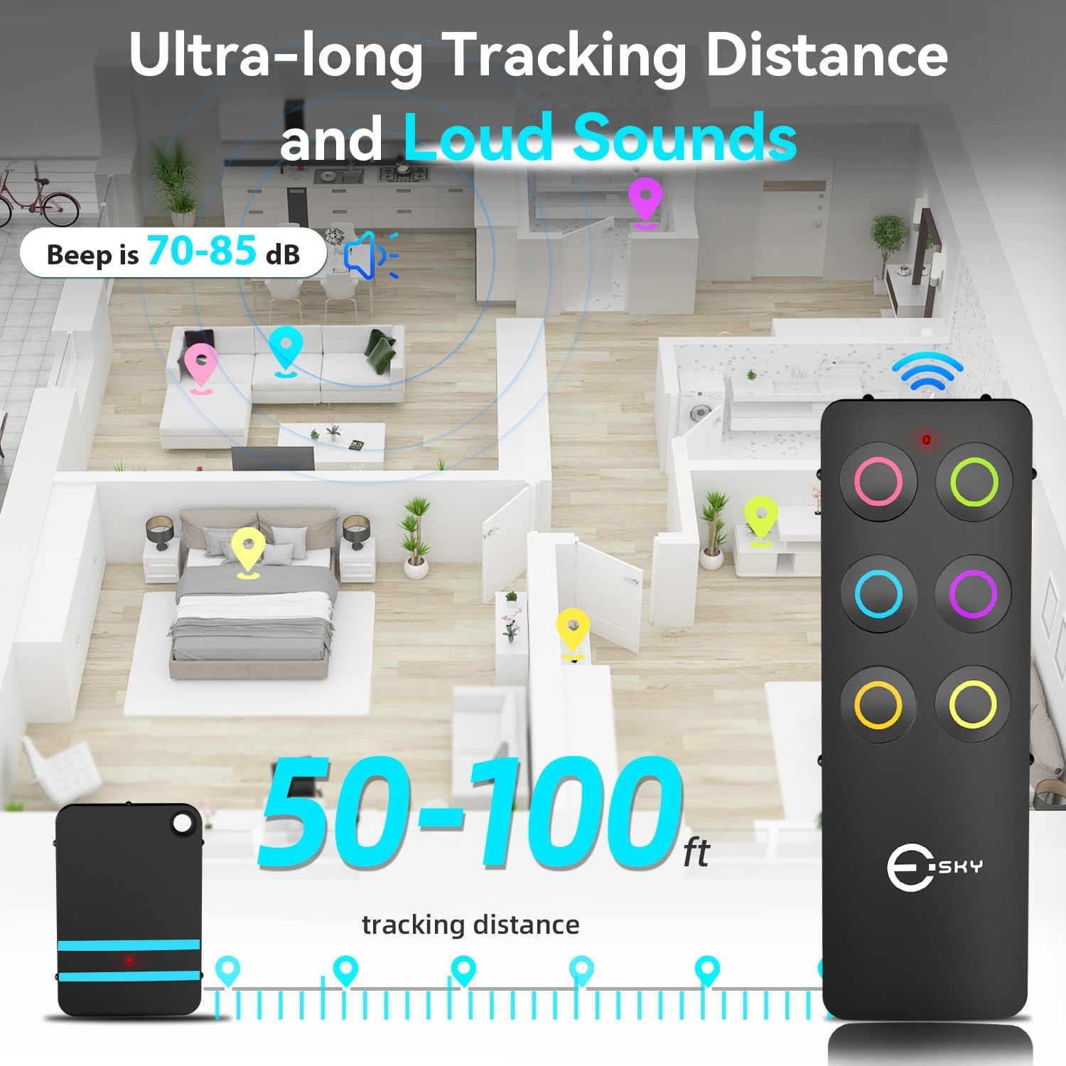 Key Finder Fob, Item Tracker Key Finders & Trackers with 85Db Noise Sound and 6 Receivers Wallet Finder and Item Locator for Finding Key Remote Wallet and Passport Batteries Included (Black)