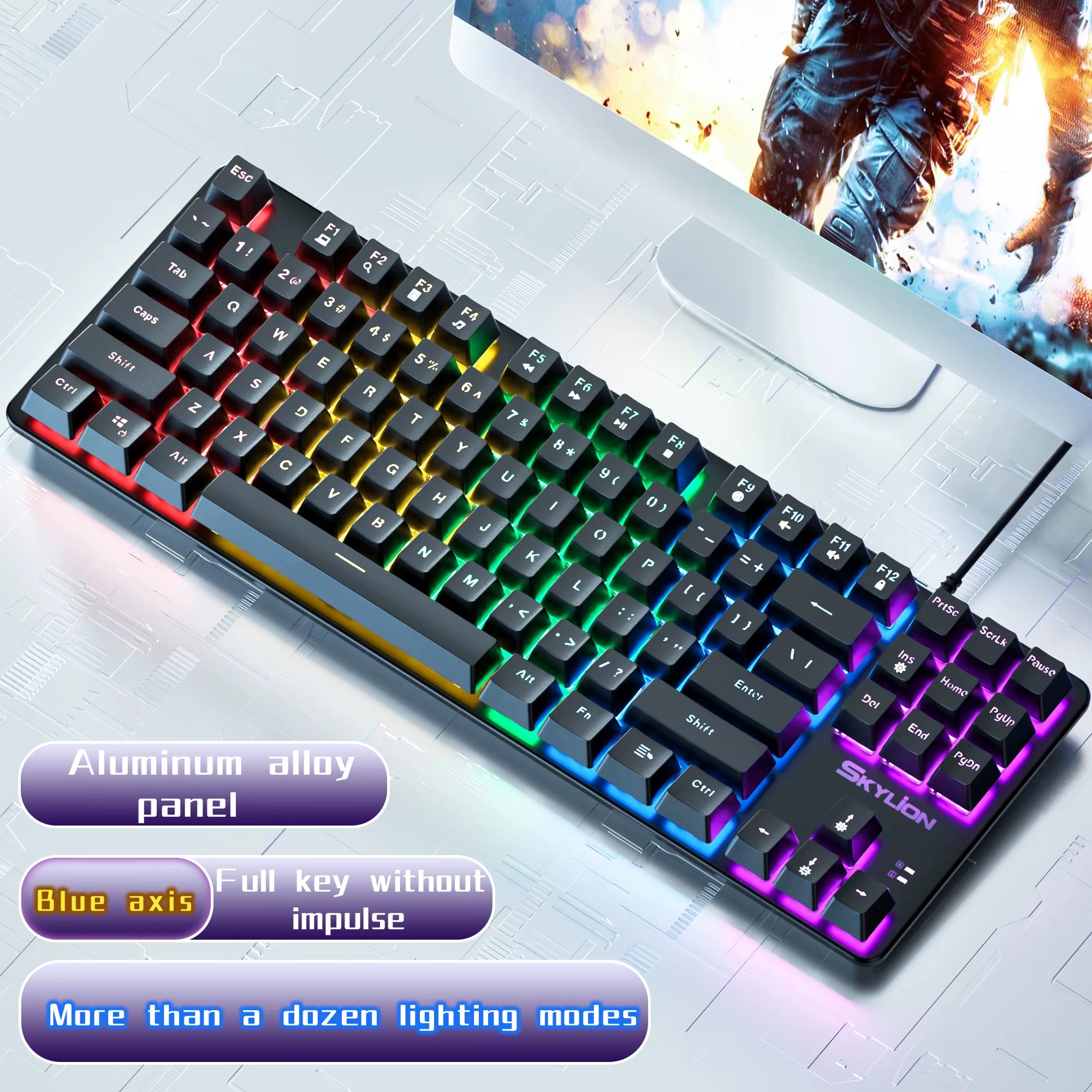 SKYLION H87 Wired Mechanical Keyboard 10 Kinds of Colorful Lighting Gaming and Office for Microsoft Windows and Apple IOS System