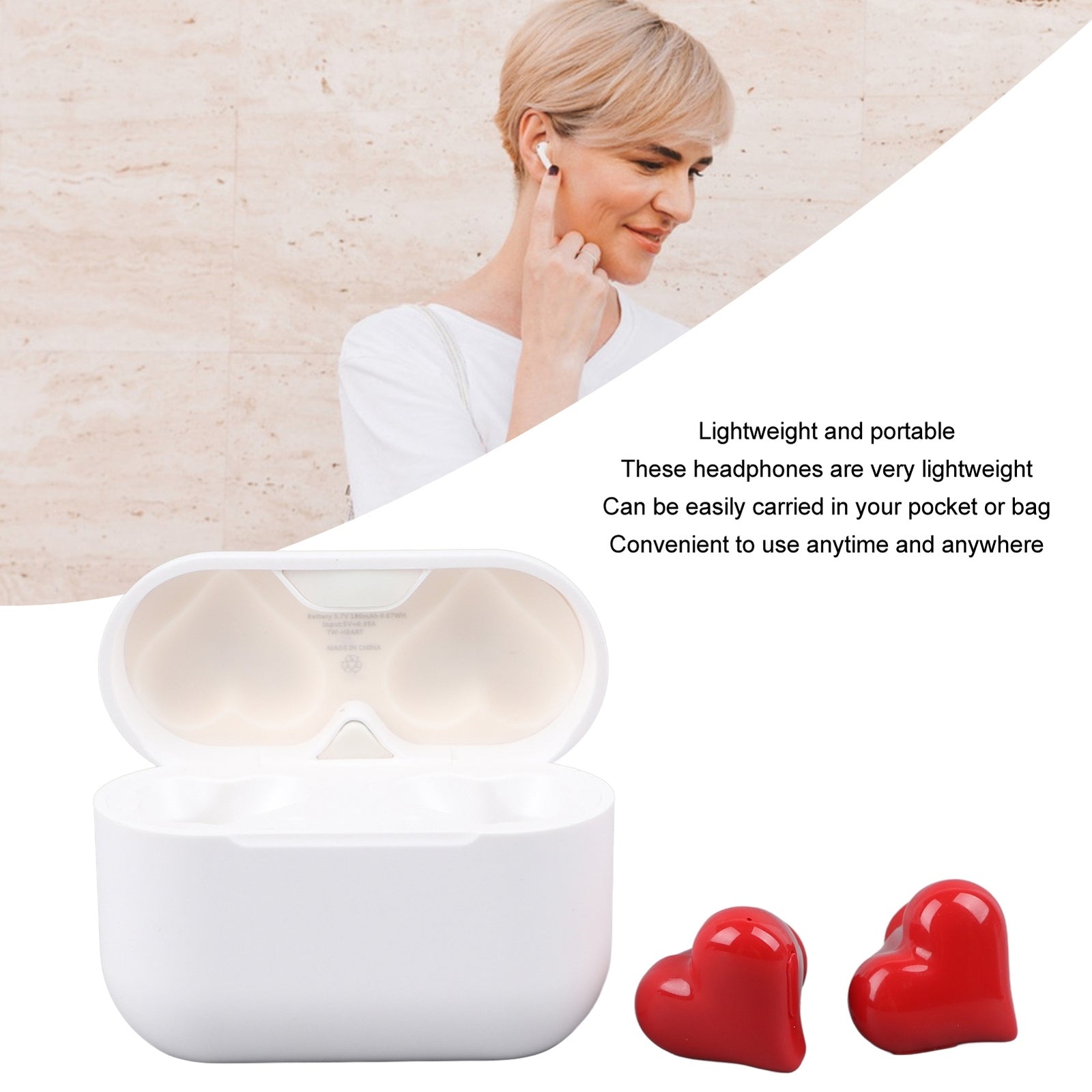 Wireless Earbuds Stylish Lightweight Noise Canceling Stereo Heart Shaped BT GHB