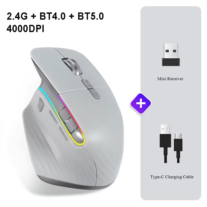 Wireless Mouse Bluetooth+2.4G Tri-Mode Mouse Mute Mice Ergonomic Gaming Mouse USB-C Rechargeable 5 DPI for Laptop PC Notebook