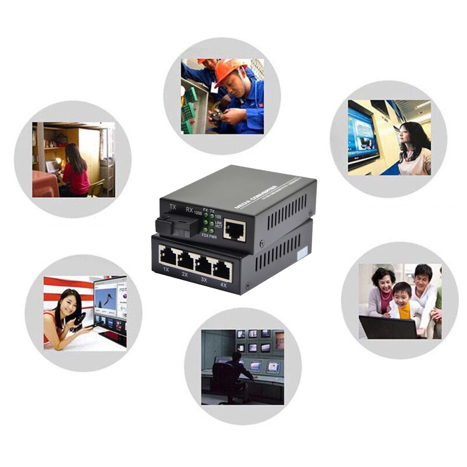 10/100/1000Mbps 1Port and 4Ports Ethernet to Fiber Optic Media Converter Single Mode 4 RJ45 and 1 SC Fiber Port